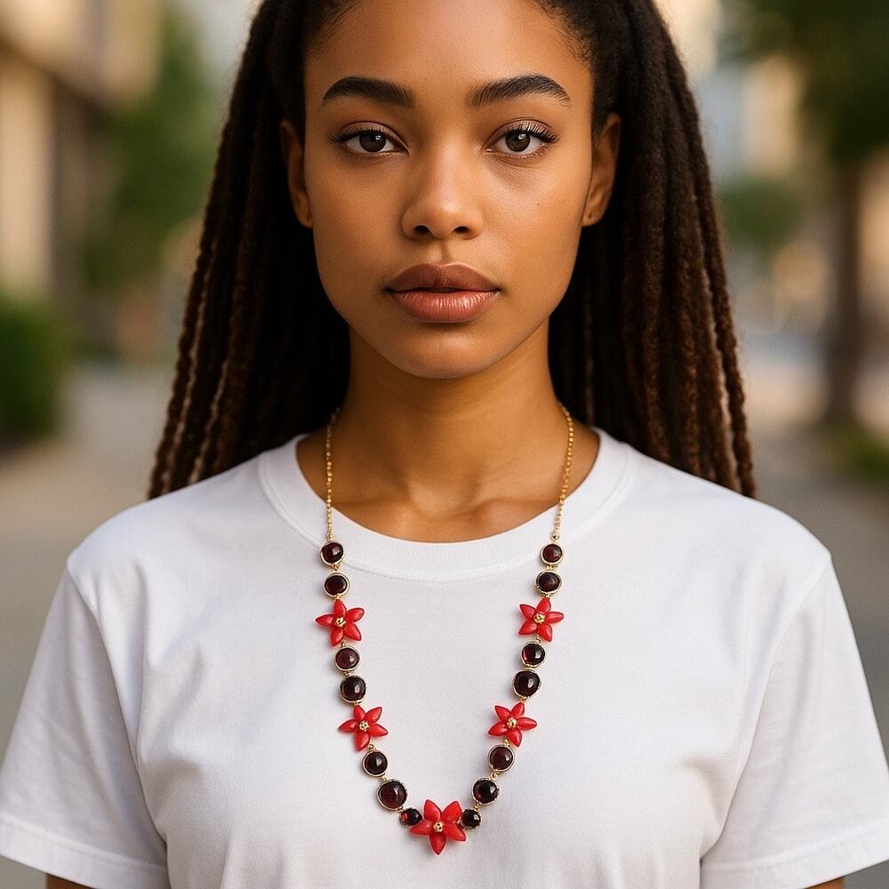 Talbots Statement Necklace Gold Tone Chain Red & Burgundy Floral Beaded Charms